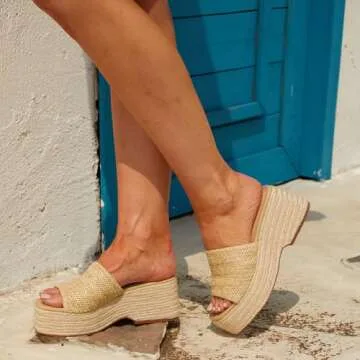 EQAUDES Platform Slip on Espadrille Sandals for Women Wedges Slides Bohemia Sandals Flatform Open Toe Beach Sandals