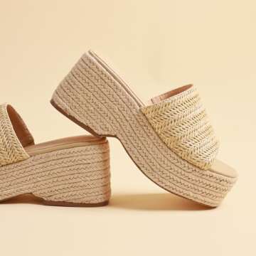 EQAUDES Platform Slip on Espadrille Sandals for Women Wedges Slides Bohemia Sandals Flatform Open Toe Beach Sandals