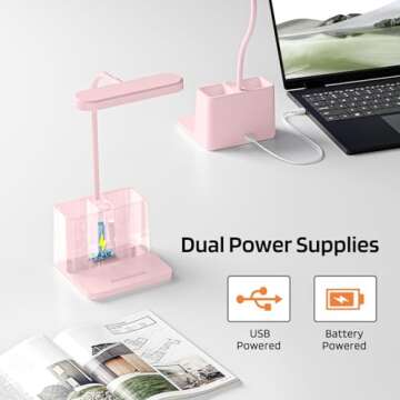 AXX Cute Desk Lamp, Pink Table Light for Kids, Women, Teen Girls, Adjustable LED, Small, Rechargeable, Battery Operated, Touch Control, Gooseneck, Home Office Accessories, College Dorm Essentials