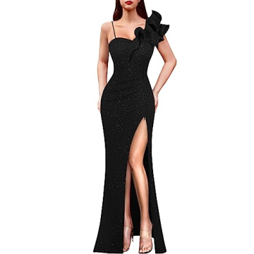 VFSHOW Womens Elegant Ruffle One Shoulder Strap Formal Prom Wedding Maxi Dress 2023 V Neck Ruched Hi...