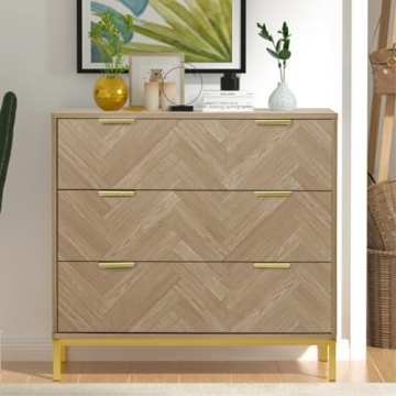 Anmytek Modern 3 Drawer Chest Dresser, Mid Century Natural Oak Organizer Bedroom Furniture with Gold...