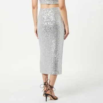 Bianca Sequin Midi Skirt for Women Plus Size Silver