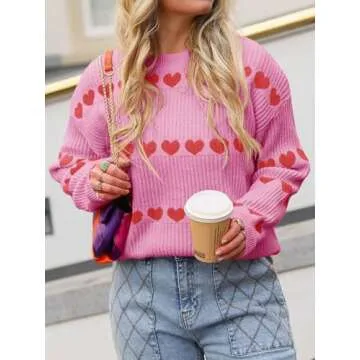Saodimallsu Womens Heart Sweater Valentine Crew Neck Cute Ribbed Knit Loose Casual Pullover Sweaters Tops Pink