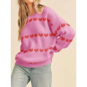 Saodimallsu Womens Heart Sweater Valentine Crew Neck Cute Ribbed Knit Loose Casual Pullover Sweaters Tops Pink