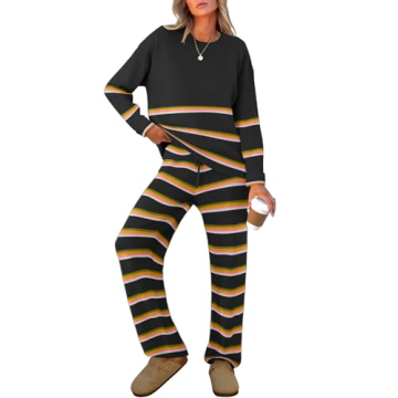 Caracilia Women's 2 Piece Outfits Sweater Sets Striped Oversized Sweaters Knit Wide Leg Pant Lounge ...