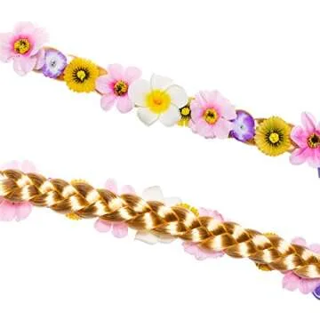 Party Chili Long Hair Princess Hairpiece Long Cosplay Braided Wigs for Girls Princess Dress Up Accessories (Rapunzel Flowers Headband)