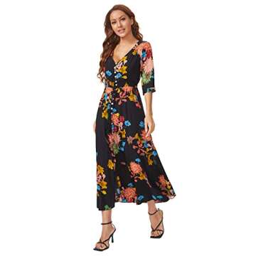 Milumia Women's Button Up Split Floral Print Flowy Party Maxi Dress Black and Red Large