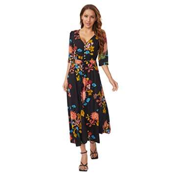 Milumia Women's Button Up Split Floral Print Flowy Party Maxi Dress Black and Red Large