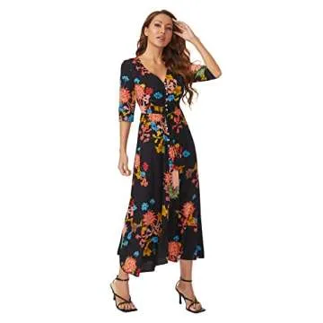 Milumia Women's Button Up Split Floral Print Flowy Party Maxi Dress Black and Red Large