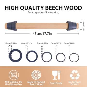 Adjustable 17.5 Inches Wood Rolling Pin with Thickness Rings for Baking -Non Stick Wooden Dough Roll...