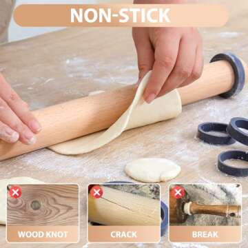 Adjustable 17.5 Inches Wood Rolling Pin with Thickness Rings for Baking -Non Stick Wooden Dough Roller Pin with Spacer Bands for Cookie,Pie Crust, Pastry Fondant By Folksy Super Kitchen(17.5, Grey)