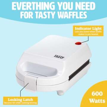Tasty Mini Nonstick Waffle Maker, Perfect for Individual Waffles, Hash Browns, Brownies and more, Quick Results, Easy Clean Up, 600W, White