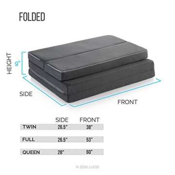 LUCID 3 Inch Folding Mattress - Foam Tri-Fold Guest Bed with Washable Cover and Carry Handles - Full
