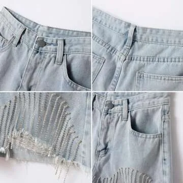 Stylish Xunger Women's Rhinestone Fringe Denim Shorts