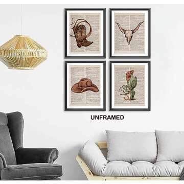 Western Cowboy Boots Hat Bull Skull Cactus Vintage Dictionary Art Poster Prints for Girls Room Dorm ...