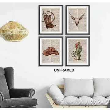 Western Cowboy Boots Hat Bull Skull Cactus Vintage Dictionary Art Poster Prints for Girls Room Dorm ...