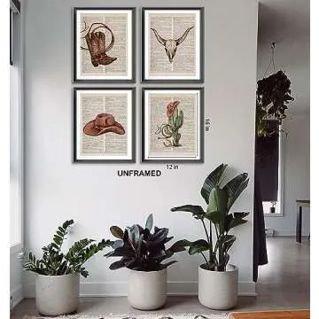 Western Cowboy Boots Hat Bull Skull Cactus Vintage Dictionary Art Poster Prints for Girls Room Dorm Decor,Watercolor Retro Preppy Decorations Prints Wall Art Unframed 4pcs 12x16inches,Teen Girls Gifts