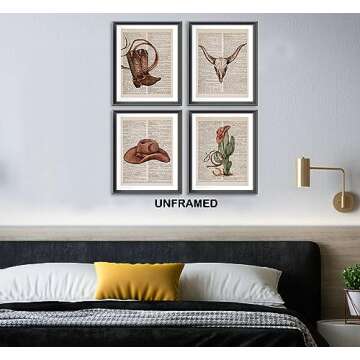 Western Cowboy Boots Hat Bull Skull Cactus Vintage Dictionary Art Poster Prints for Girls Room Dorm Decor,Watercolor Retro Preppy Decorations Prints Wall Art Unframed 4pcs 12x16inches,Teen Girls Gifts