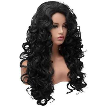 BESTUNG Long Black Curly Costume Wig Styled Halloween 80s Wigs for Women Full Head Cosplay Costume Hairpiece (Natural Black)