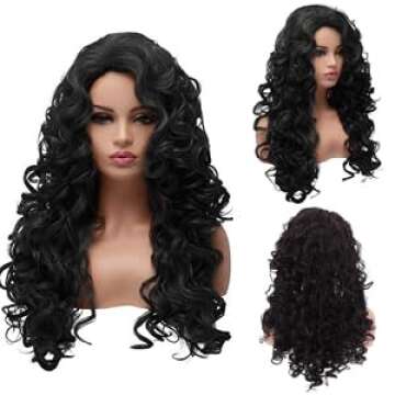 BESTUNG Long Black Curly Costume Wig Styled Halloween 80s Wigs for Women Full Head Cosplay Costume Hairpiece (Natural Black)