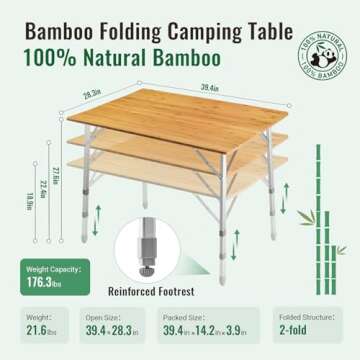 KingCamp Bamboo Folding Table Portable Camping Table Adjustable Height Camp Table 2-Folds for Travel, Picnic, Beach, Outdoor and Indoor, 4-6 People