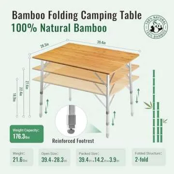 KingCamp Bamboo Folding Table Portable Camping Table Adjustable Height Camp Table 2-Folds for Travel, Picnic, Beach, Outdoor and Indoor, 4-6 People