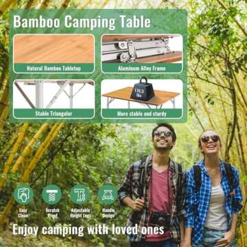KingCamp Bamboo Folding Table Portable Camping Table Adjustable Height Camp Table 2-Folds for Travel, Picnic, Beach, Outdoor and Indoor, 4-6 People