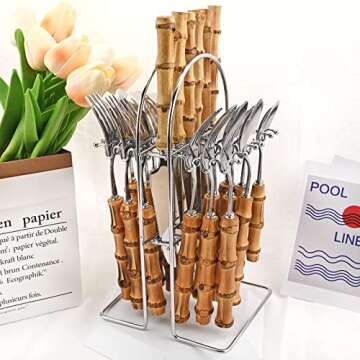 Snplowum 24-Piece Bamboo Flatware Set - Elegant Silver Kitchen Utensils