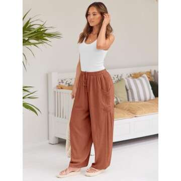 LILLUSORY Women Linen Summer Spring Fashion Outfits Palazzo Casual Flowy Pants Wide Leg Trouser Boho Lounge Drawstring Loose Lightweight Beach Trendy Harem Hippie Clothes with Pocket Brick Red S