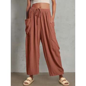 LILLUSORY Women Linen Summer Spring Fashion Outfits Palazzo Casual Flowy Pants Wide Leg Trouser Boho Lounge Drawstring Loose Lightweight Beach Trendy Harem Hippie Clothes with Pocket Brick Red S