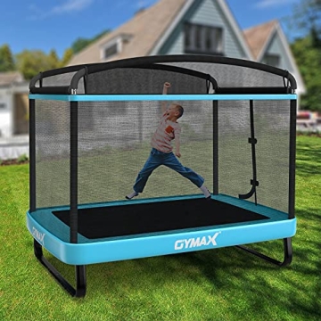 GYMAX 6FT Kids Trampoline with Swing, ASTM Approved Rectangle Recreational Trampoline with Enclosure Safety Net, Indoor/Outdoor Baby Toddler Play Combo Bounce, Birthday for Boy & Girl (Blue)