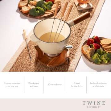 Twine Farmhouse Kitchen Enamel Cast Iron Fondue Set for Cheese & Chocolate Melting, Beige