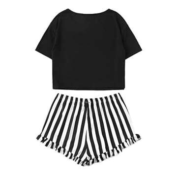 WDIRARA Women's Sleepwear Closed Eyes Print Tee and Striped Shorts Cute Pajama Set Black S