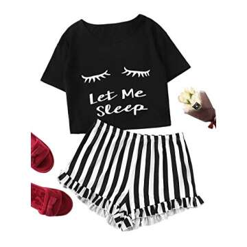 WDIRARA Women's Sleepwear Closed Eyes Print Tee and Striped Shorts Cute Pajama Set Black S