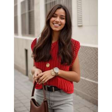 Women's Sleeveless Chunky Knit Cardigan V-Neck Button Down Vest Casual Loose-Fitted Crochet Sweater ...