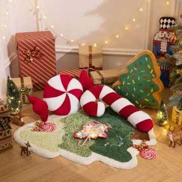 Ashler Merry Christmas Candy Shaped Pillows, Set of 2 Candy Cane Teddy Sherpa Soft Velvet Patchwork Throw Pillows, Christmas Cushion for Sofa, Bed and Living Room, Red, 21x10 & 12x20 inches