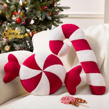 Ashler Merry Christmas Candy Shaped Pillows, Set of 2 Candy Cane Teddy Sherpa Soft Velvet Patchwork Throw Pillows, Christmas Cushion for Sofa, Bed and Living Room, Red, 21x10 & 12x20 inches