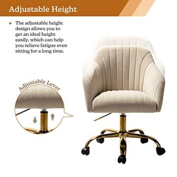 HULALA HOME Velvet Home Office Desk Chair, Modern Cute Computer Task Chair, Wheels Swivel Height Adjustable Upholstered Vanity Chair for Women, Girls (Gold Base, Tan)