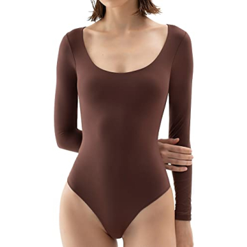 PUMIEY Long Sleeve Bodysuit - Sexy Scoop Neck Tops for Women Fashion