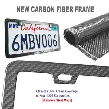 ZXFOOG Carbon Fiber License Plate Frame- 100% Handcrafted Real Carbon Fiber Cloth Wrapped Holder, Slim Black Stainless Steel Car Tag Cover with Screws Caps, Rattle Proof Pad, 1 Pack 2 Hole
