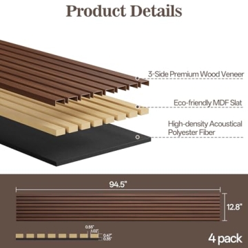 Vellorise 4 Pack Wood Panels - Acoustic Slat Wall Panels for Interior Decor