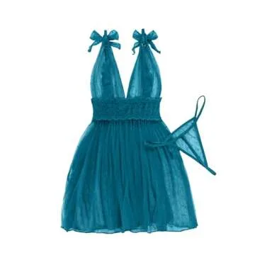 Lilosy Sexy Polka Dots Mesh Sheer Babydoll Chemise Lingerie Set Floral Lace Nightwear Women Deep V N...