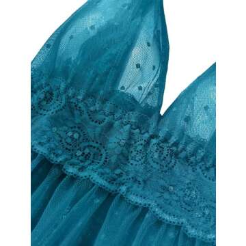 Lilosy Sexy Polka Dots Mesh Sheer Babydoll Chemise Lingerie Set Floral Lace Nightwear Women Deep V Neck Slip NightDress with Thong 2 Piece Turquoise Medium