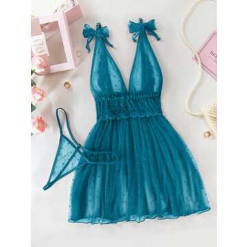 Lilosy Sexy Polka Dots Mesh Sheer Babydoll Chemise Lingerie Set Floral Lace Nightwear Women Deep V Neck Slip NightDress with Thong 2 Piece Turquoise Medium