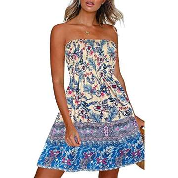 Women’s Summer Dresses Beach Cover Ups Casual Vocation Strapless Boho Floral Swing Sundress