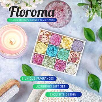 Floroma Aromatherapy Shower Steamers - Variety Set Of 12x Shower Bombs With Essential Oils For Relaxation. Shower Bomb Melts For Women Who Has Everything. Shower Steamer Tablets (Fizzies) For Home Spa