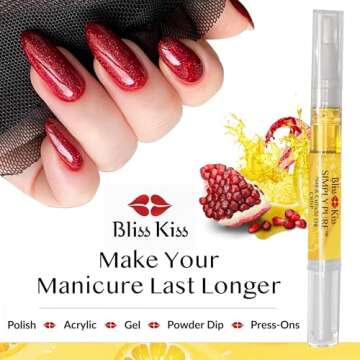 Bliss Kiss | Crisp Fragrance 4 Nail Oil Cuticle Pens w/Vitamin E & Jojoba⏤Nail Strengthener Nail Growth Serum for Brittle Peeling Breaking Thin Nails