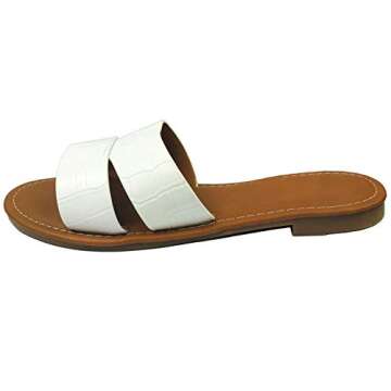 Flat slide sandal with single over the toe braided criss cross strap, White, 9