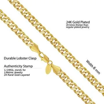 LIFETIME JEWELRY Cuban Link Chain Necklace 24k Gold Plated for Men and Women (6mm & 9.5mm)