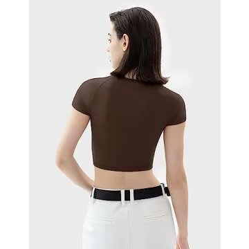 PUMIEY Crop Tops for Women Short Sleeve Crew Neck T Shirt Sexy Baby Tees Tiramisu Small